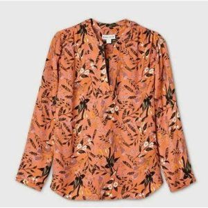 Ava & Viv Orange Floral 571263 Split Neck Top